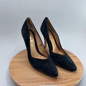 L.A.M.B. Suede Pointed Toe Pumps 7.5M Black Rocker Glam Stiletto Heels Lug Soles